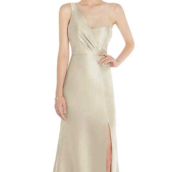 Alfred Sung Champagne Draped One-Shoulder Satin Trumpet Gown D827 - Picture 1 of 6